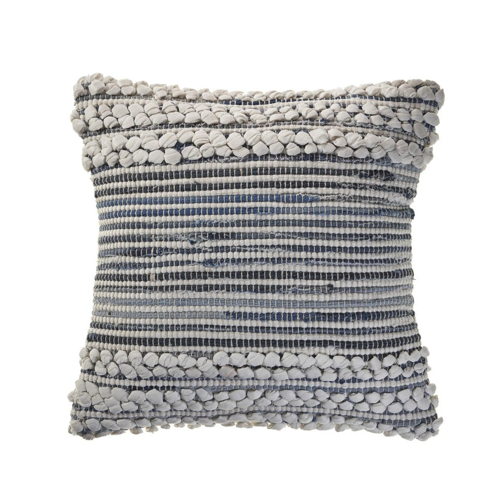 18" Blue And Gray Striped Cotton Blend Throw Pillow Cover with Texture