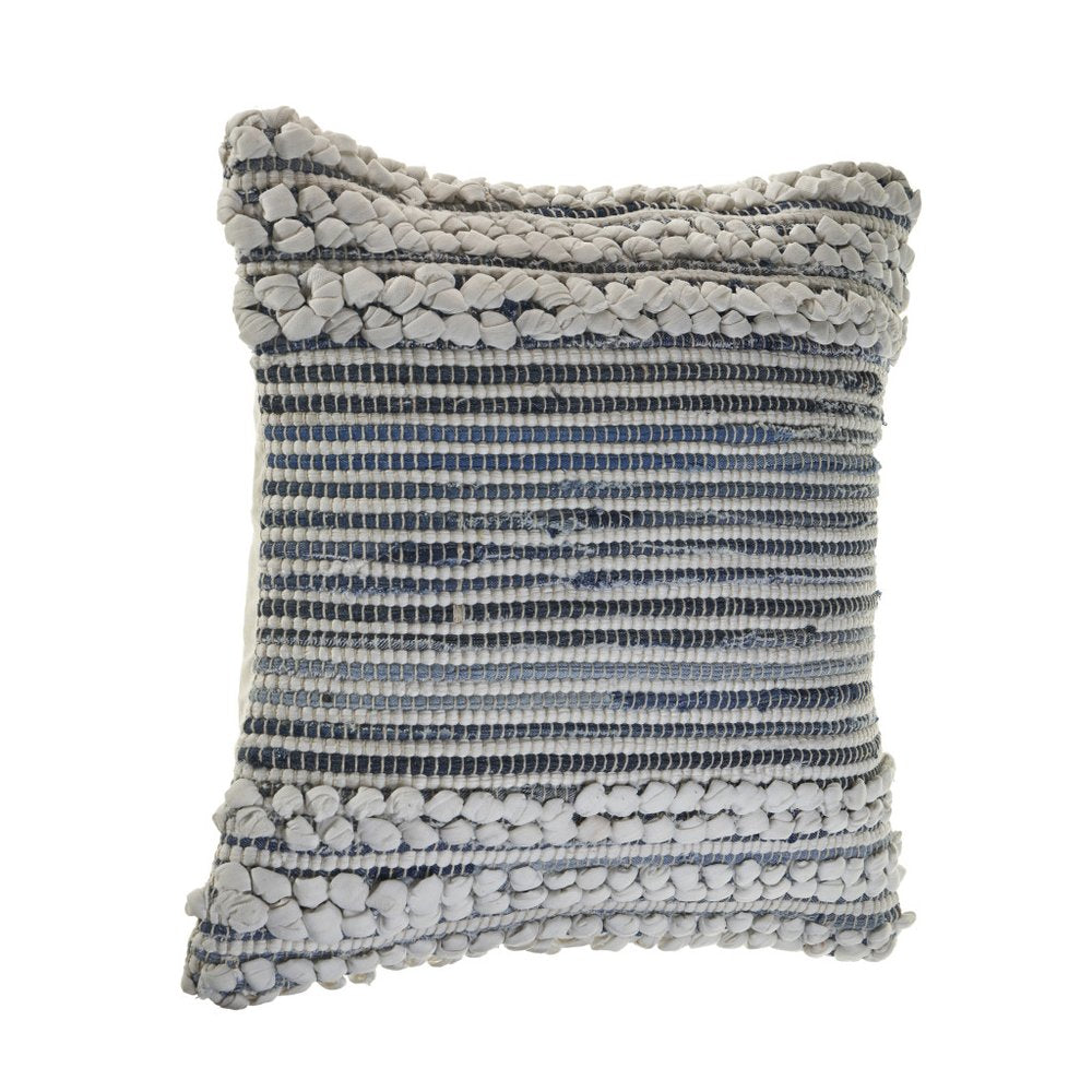 18" Blue And Gray Striped Cotton Blend Throw Pillow Cover