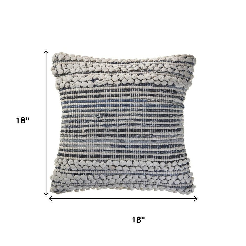 18" Blue And Gray Striped Cotton Blend Throw Pillow Cover