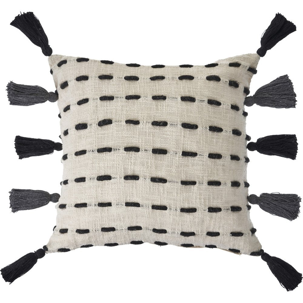 20" Black And Cream Striped Cotton Blend Throw Pillow Cover with Tassels