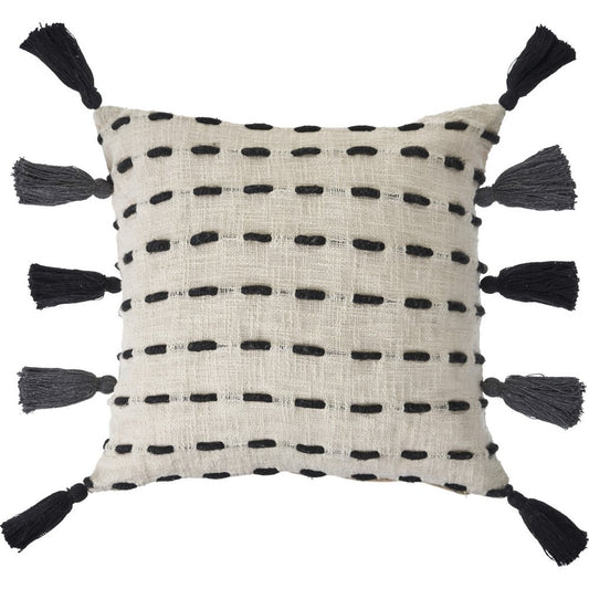 20" Black And Cream Striped Cotton Blend Throw Pillow Cover with Tassels