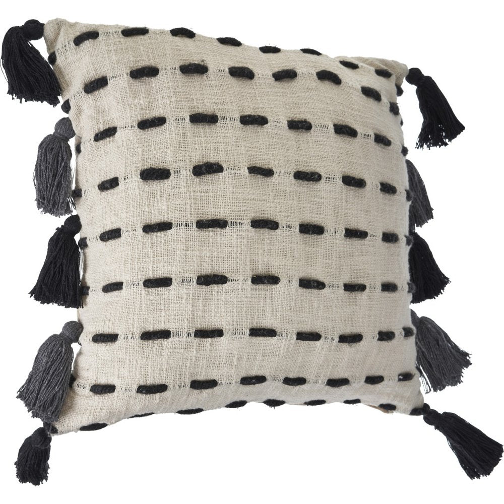 20" Black And Cream Striped Cotton Blend Throw Pillow Cover with Tassels