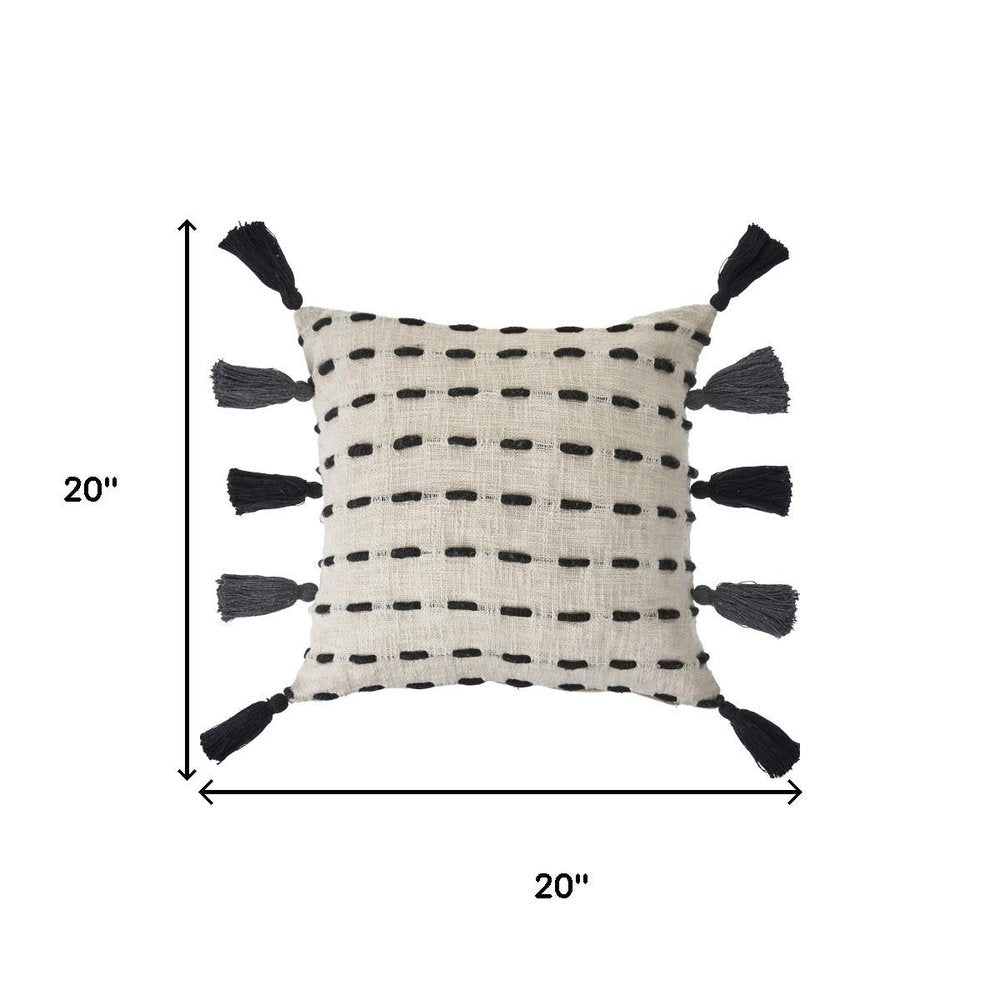 20" Black And Cream Striped Cotton Blend Throw Pillow Cover with Tassels