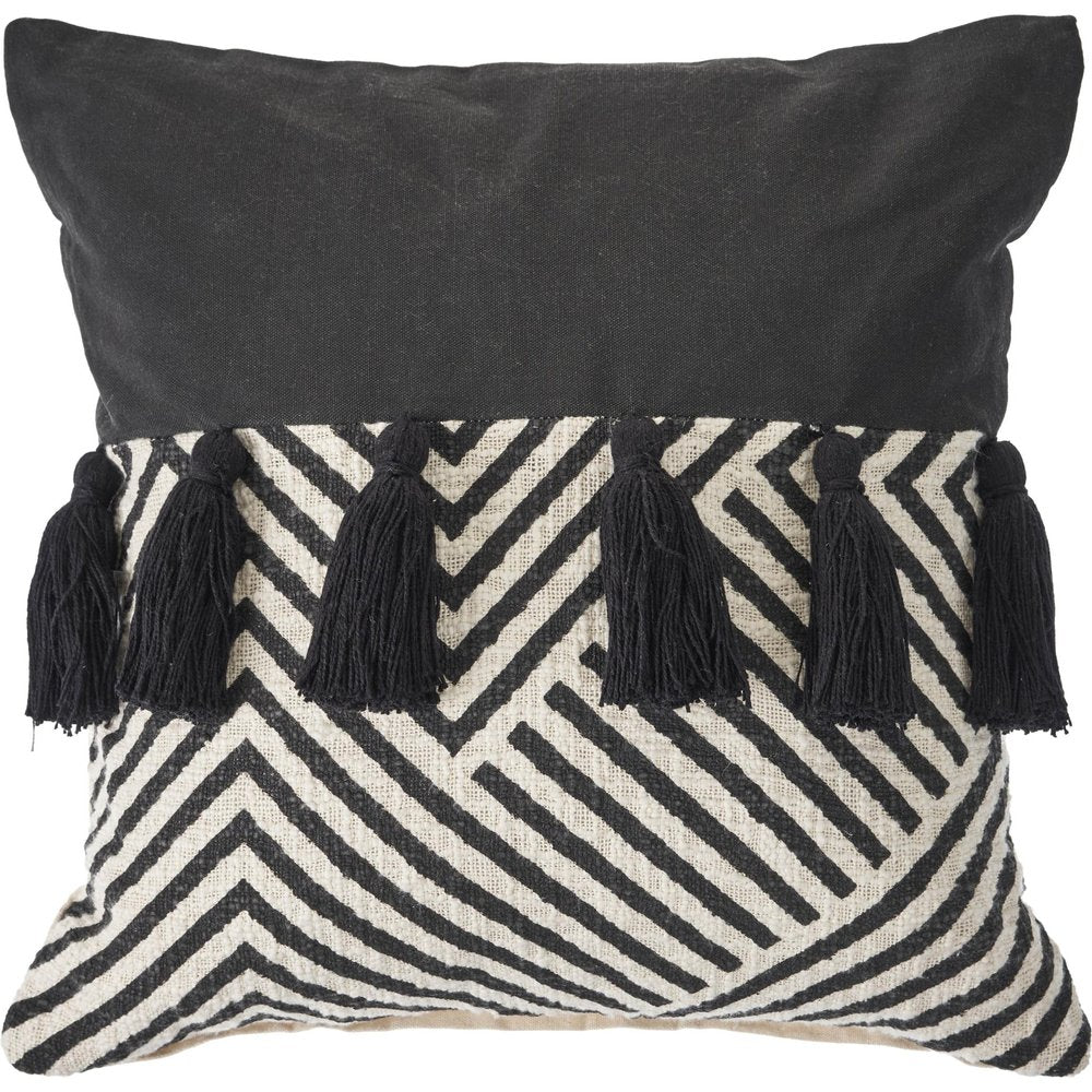 20" Black And White Chevron Cotton Throw Pillow Cover with Tassels