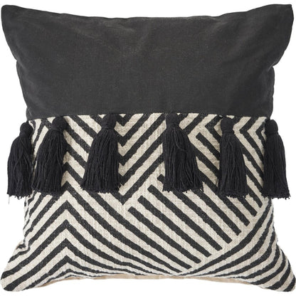 20" Black And White Chevron Cotton Throw Pillow Cover with Tassels