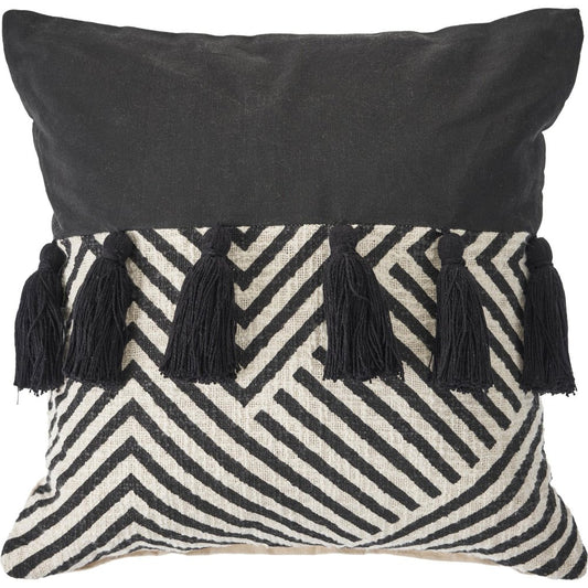 20" Black And White Chevron Cotton Throw Pillow Cover with Tassels