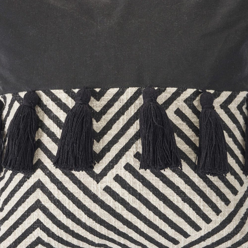 20" Black And White Chevron Cotton Throw Pillow Cover with Tassels