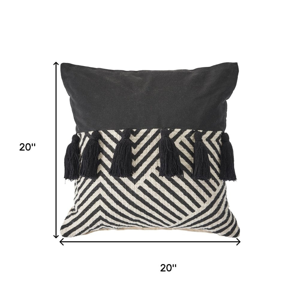 20" Black And White Chevron Cotton Throw Pillow Cover with Tassels