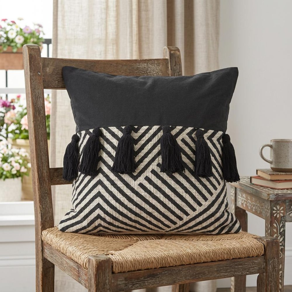 20" Black And White Chevron Cotton Throw Pillow Cover with Tassels