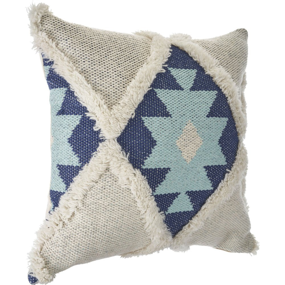 20" Blue And White Geometric Cotton Blend Throw Pillow Cover with Tufts And Texture