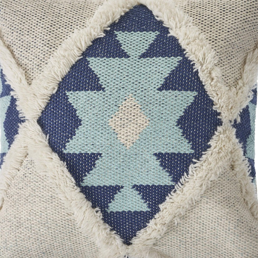 20" Blue And White Geometric Cotton Blend Throw Pillow Cover with Tufts And Texture