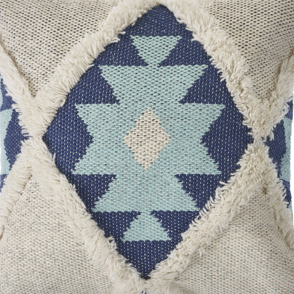 20" Blue And White Geometric Cotton Blend Throw Pillow Cover