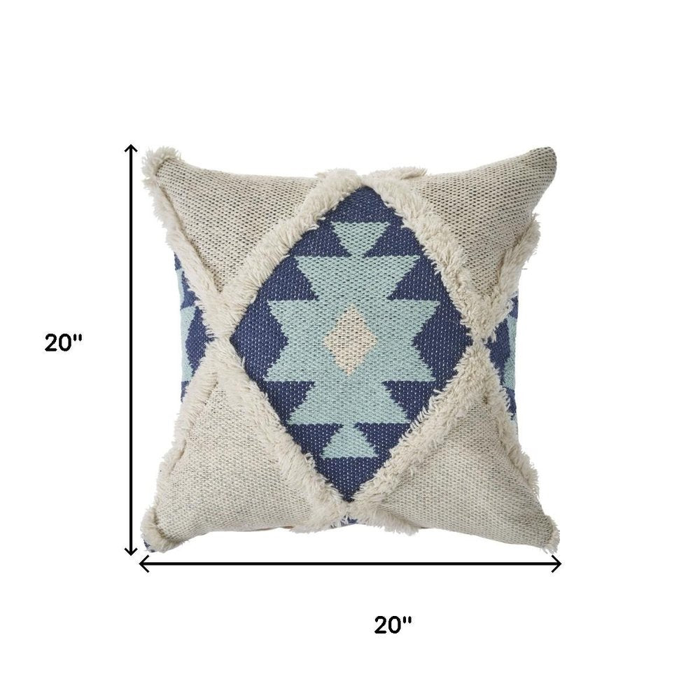 20" Blue And White Geometric Cotton Blend Throw Pillow Cover with Tufts And Texture