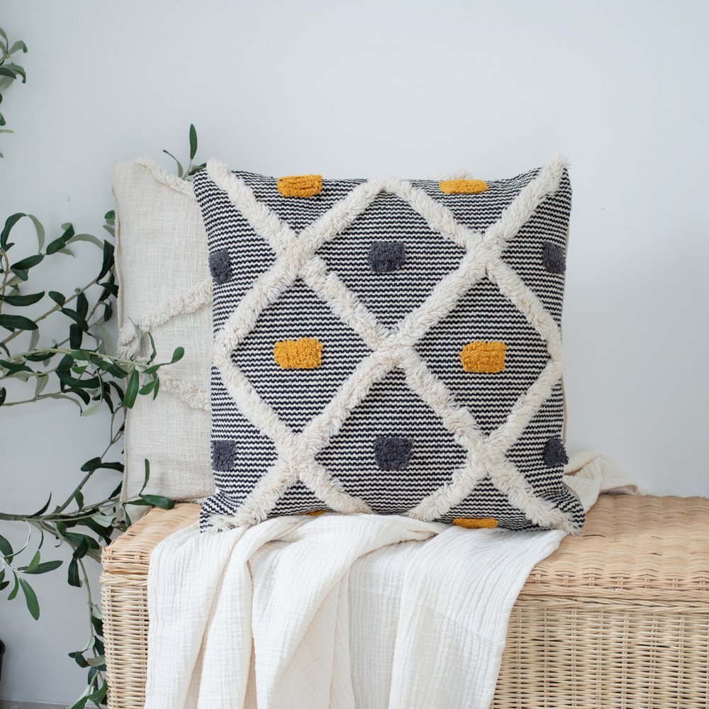 20" Black And Yellow Geometric Cotton Throw Pillow Cover