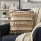 20" Beige And White Striped Throw Pillow Cover with Fringe And Texture