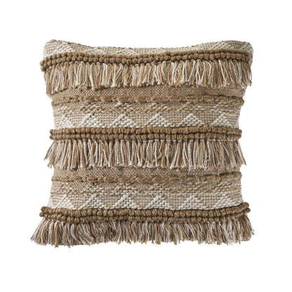 20" Beige And White Striped Throw Pillow Cover with Fringe And Texture