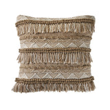 20" Beige And White Striped Throw Pillow Cover with Fringe And Texture
