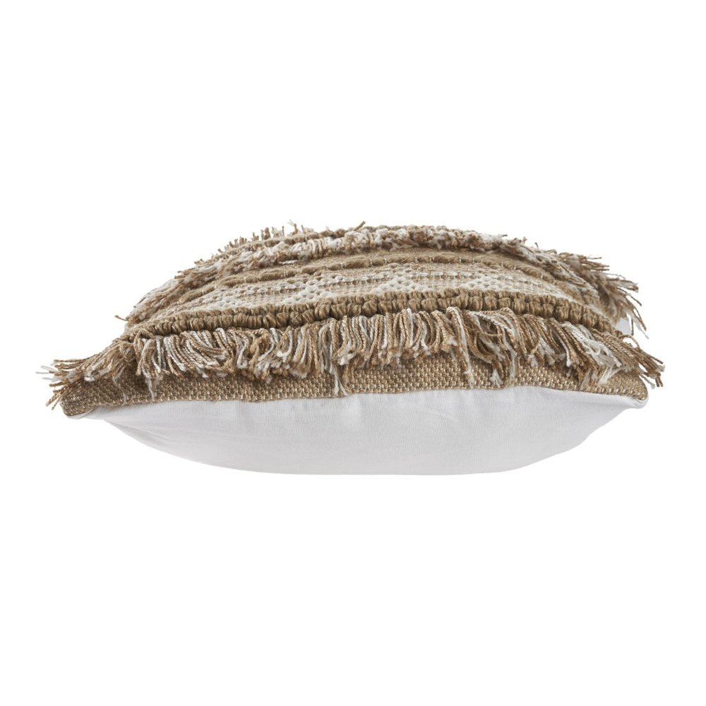 20" Beige And White Striped Throw Pillow Cover with Fringe And Texture