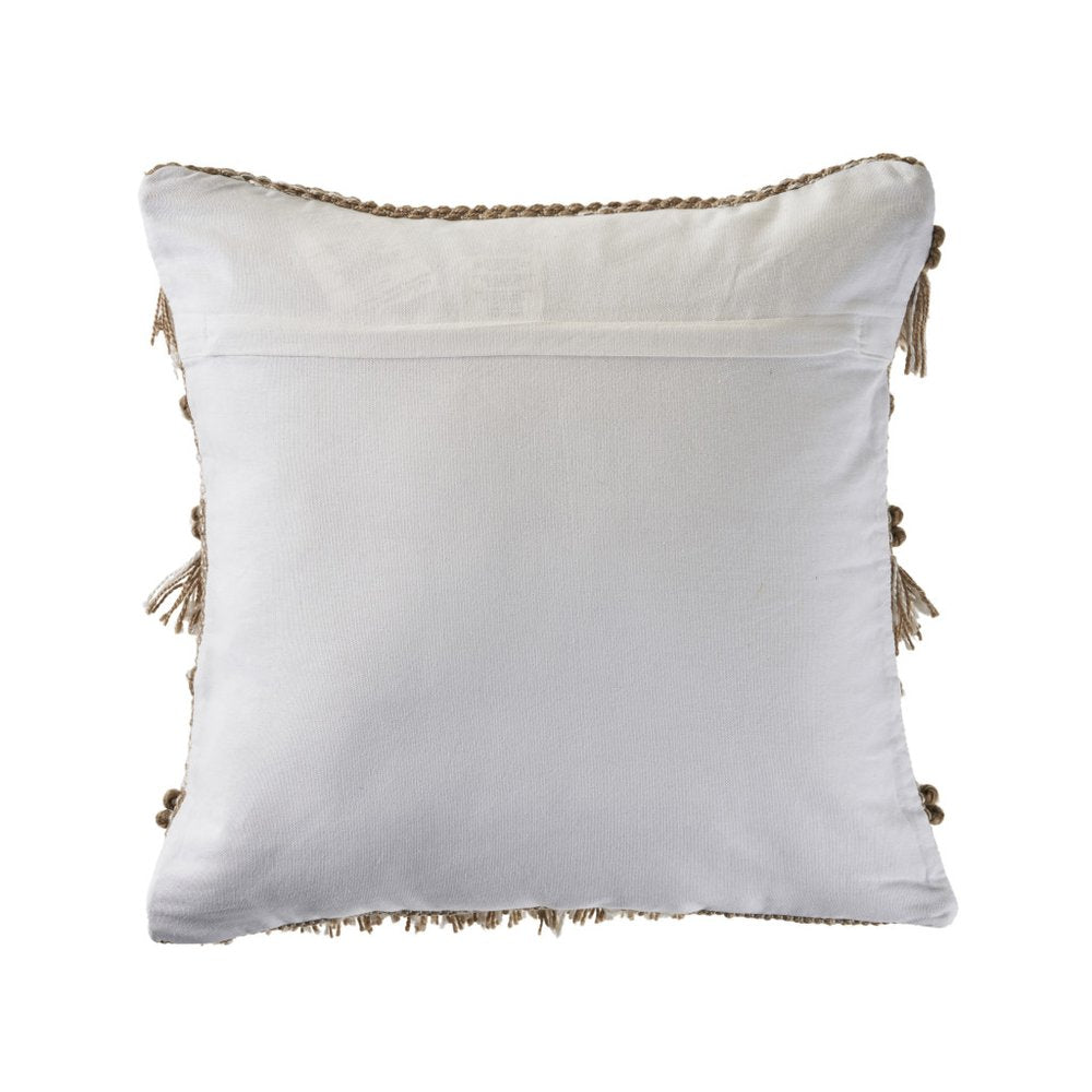 20" Beige And White Striped Throw Pillow Cover with Fringe And Texture