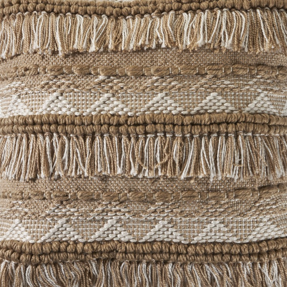20" Beige And White Striped Throw Pillow Cover with Fringe And Texture