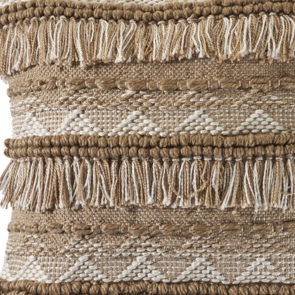 20" Beige And White Striped Throw Pillow Cover with Fringe And Texture