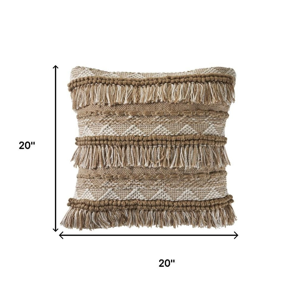 20" Beige And White Striped Throw Pillow Cover with Fringe And Texture