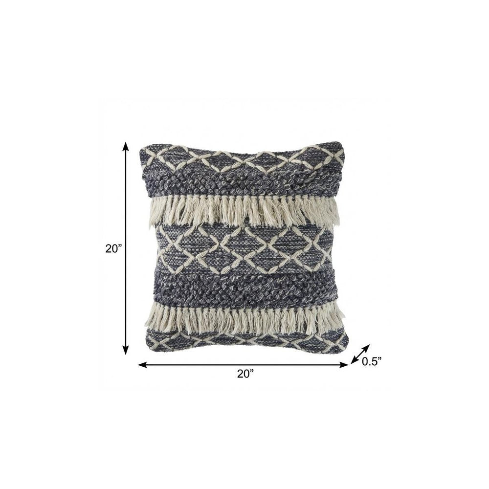 20" Slate Blue And Off White Geometric Wool Throw Pillow Cover with Tassels