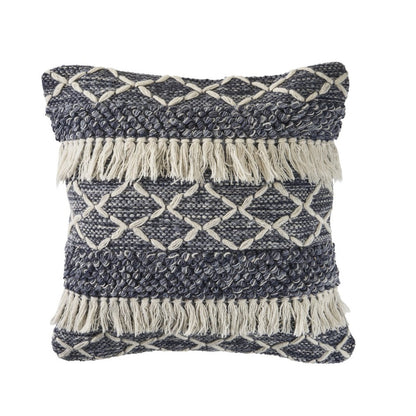 20" Slate Blue And Off White Geometric Wool Throw Pillow Cover with Tassels