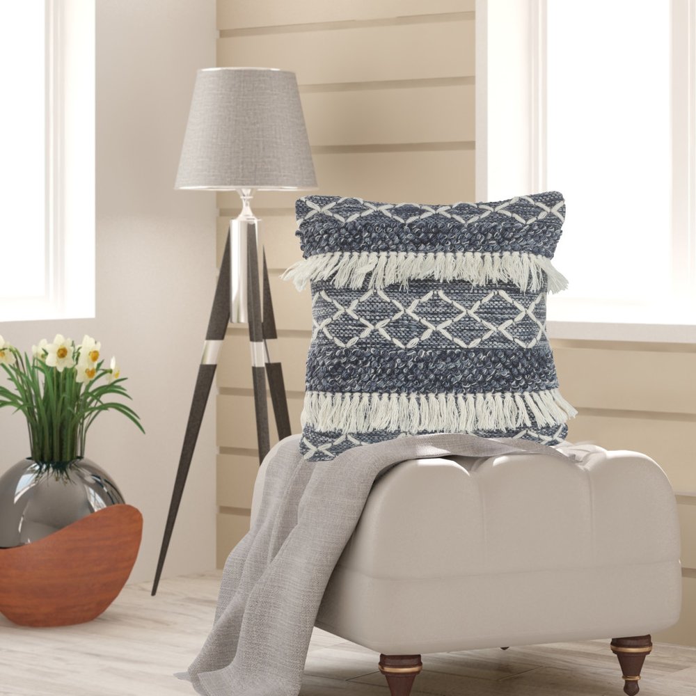 20" Blue And White Striped Wool Throw Pillow Cover