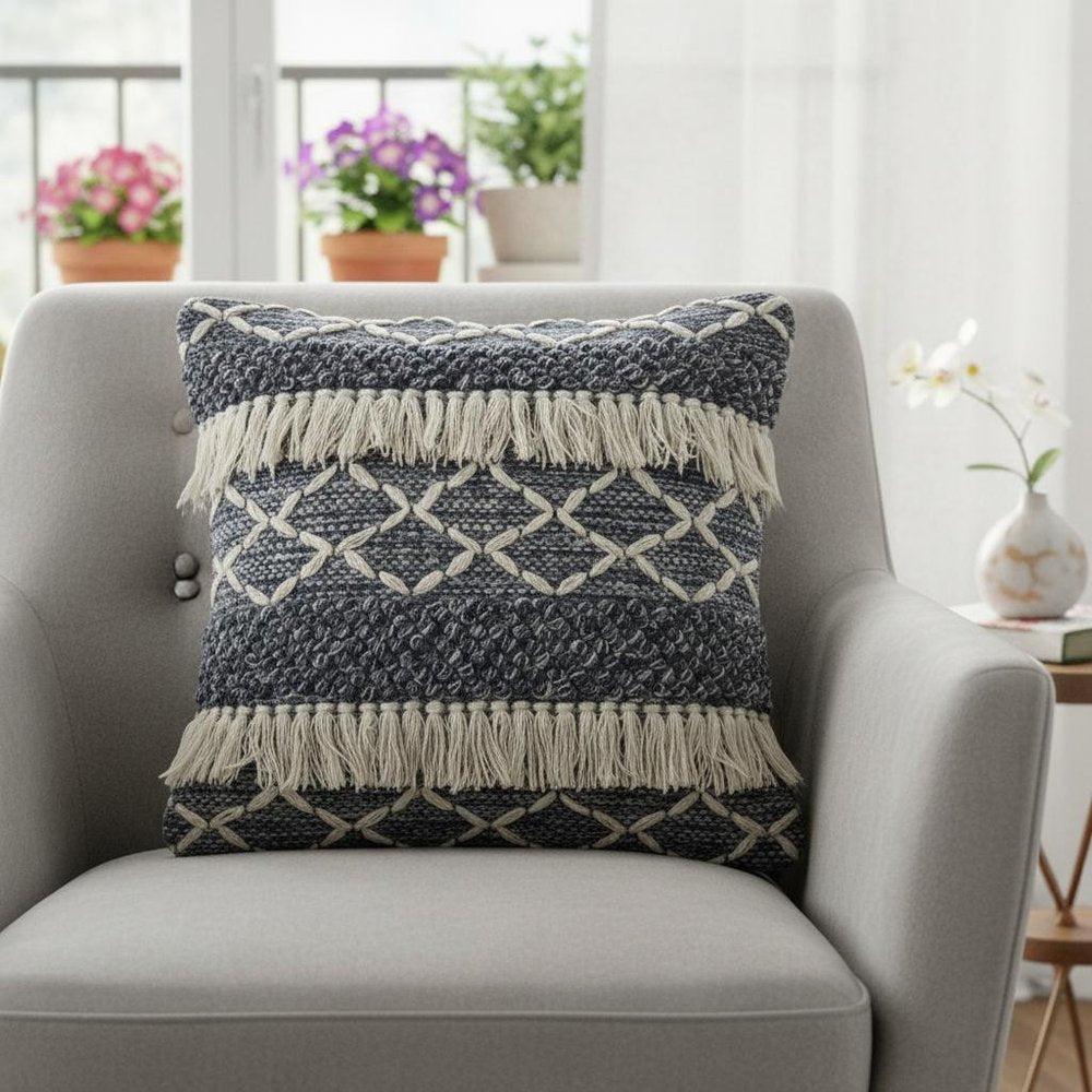 20" Slate Blue And Off White Geometric Wool Throw Pillow Cover with Tassels
