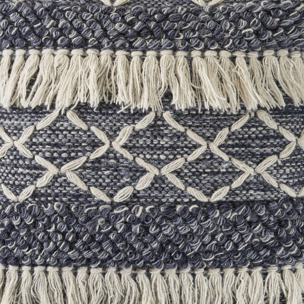 20" Slate Blue And Off White Geometric Wool Throw Pillow Cover with Tassels