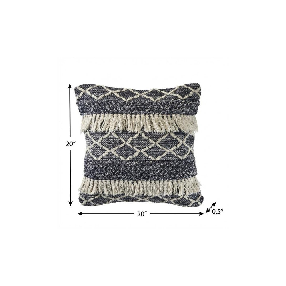 20" Slate Blue And Off White Geometric Wool Throw Pillow Cover with Tassels