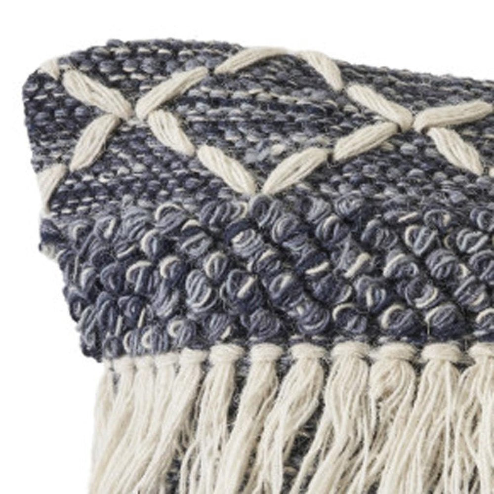 20" Slate Blue And Off White Geometric Wool Throw Pillow Cover with Tassels
