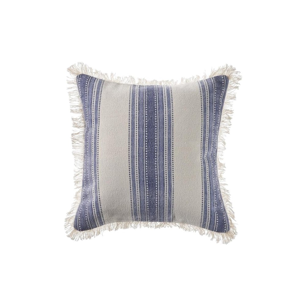 18" Blue And White Beach Striped Cotton Throw Pillow Cover with Fringe