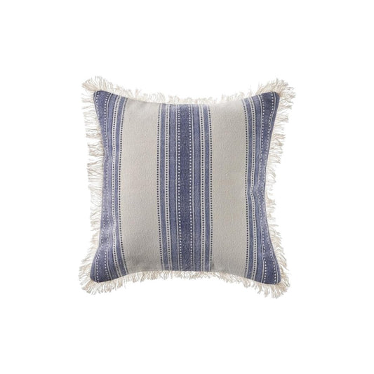 18" Blue And White Beach Striped Cotton Throw Pillow Cover with Fringe