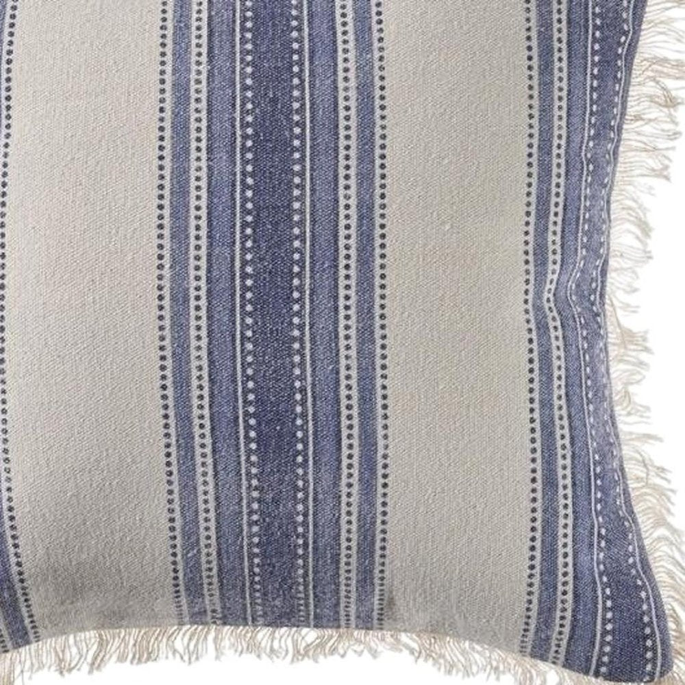 18" Blue And White Beach Striped Cotton Throw Pillow Cover with Fringe