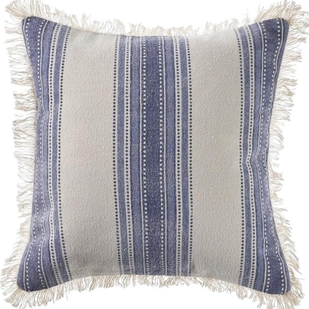 18" Blue And White Beach Striped Cotton Throw Pillow Cover with Fringe