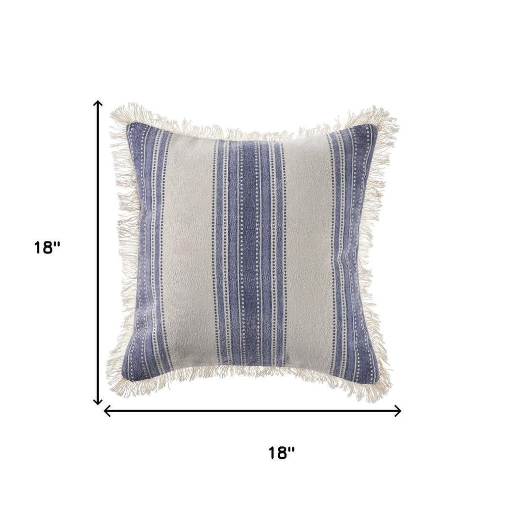 18" Blue And White Beach Striped Cotton Throw Pillow Cover with Fringe