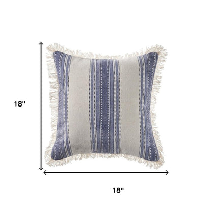 18" Blue And White Beach Striped Cotton Throw Pillow Cover with Fringe
