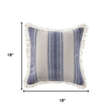 18" Blue And White Beach Striped Cotton Throw Pillow Cover with Fringe