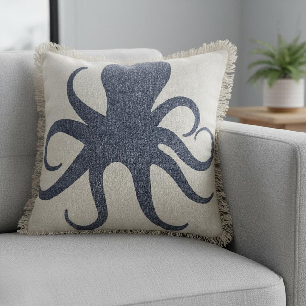 18" Blue And White Beach Cotton Throw Pillow Cover