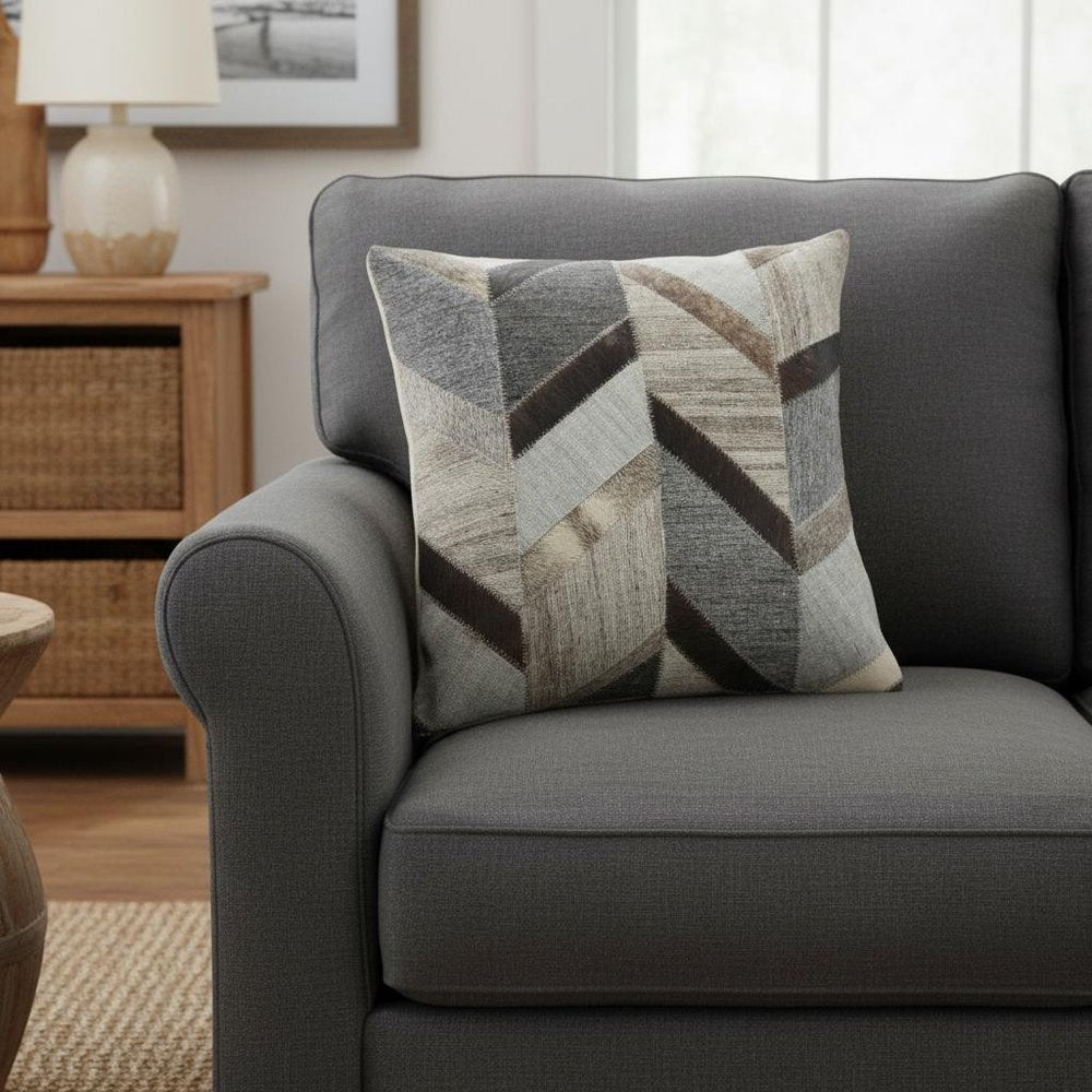 20" Gray And Brown Geometric Faux Hide Throw Pillow Cover