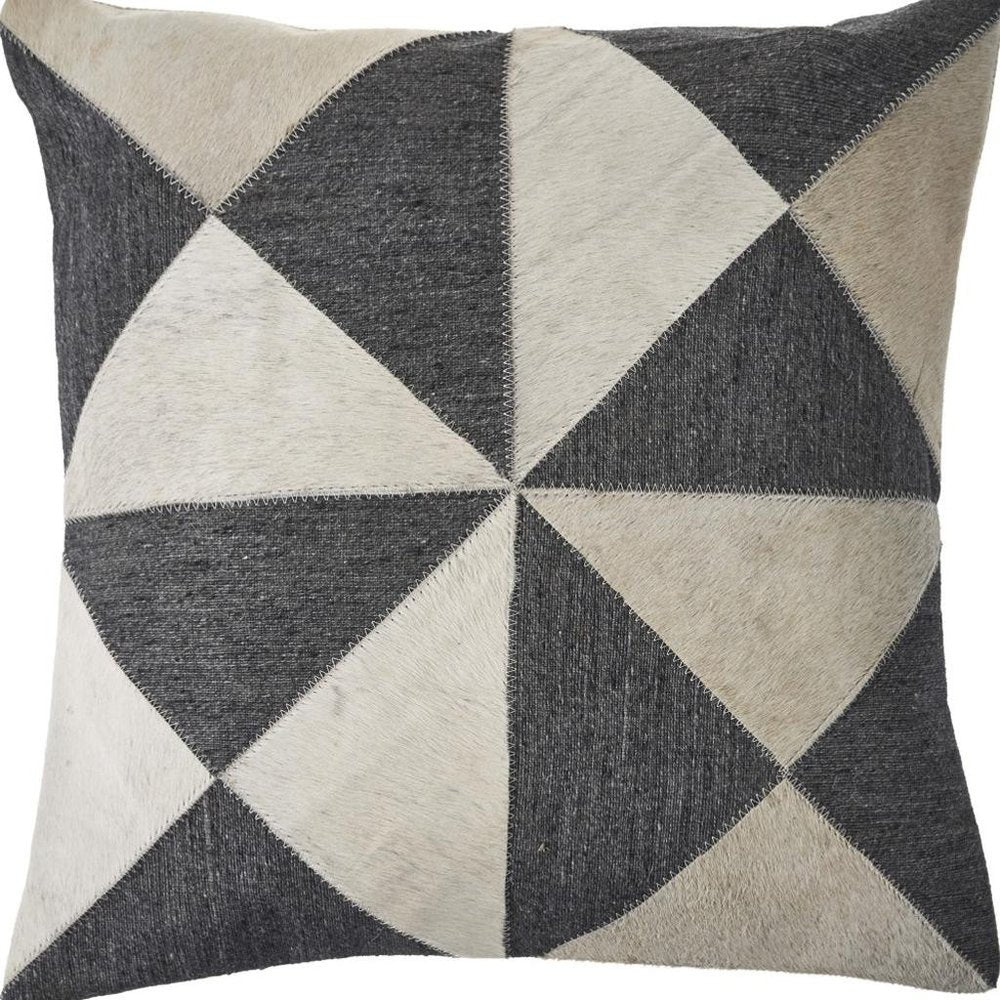 20" Beige And Gray Geometric Faux Hide Throw Pillow Cover