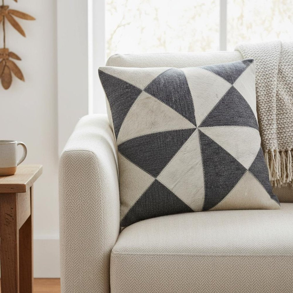 20" Beige And Gray Geometric Faux Hide Throw Pillow Cover