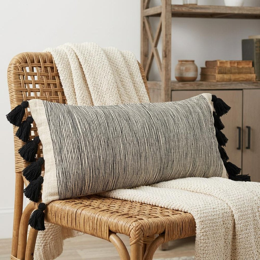 12" X 28" White And Black Lumbar Striped Cotton Throw Pillow Cover with Tassels