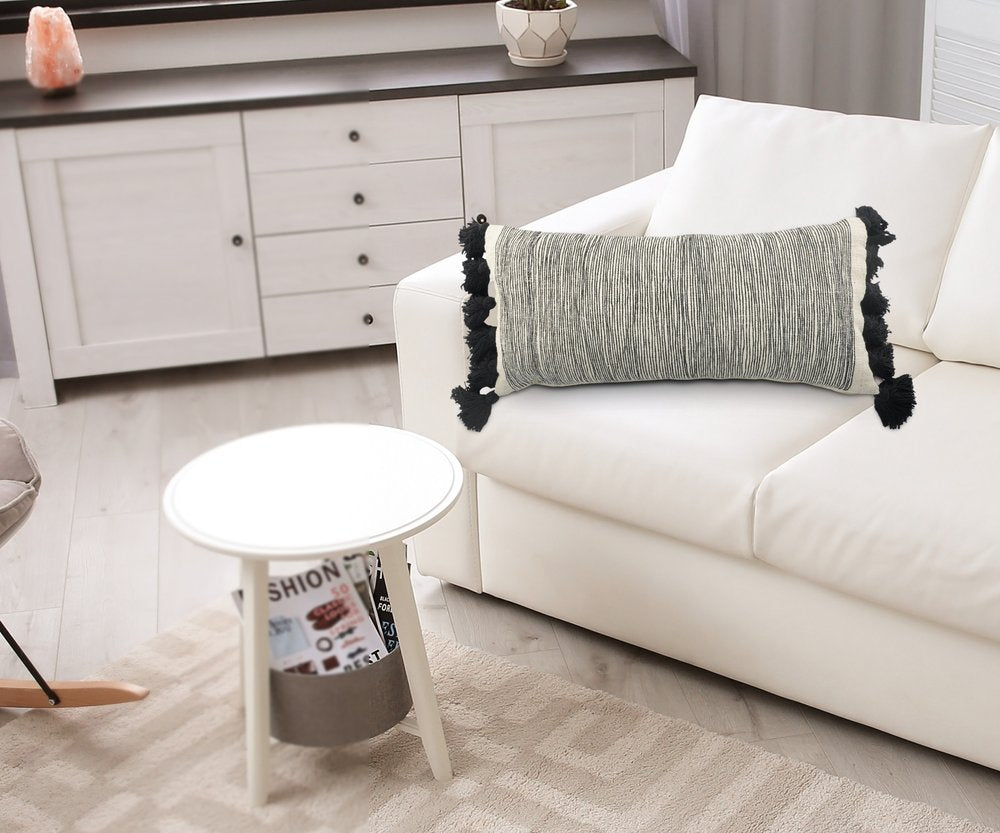 12" X 28" White And Black Lumbar Striped Cotton Throw Pillow Cover