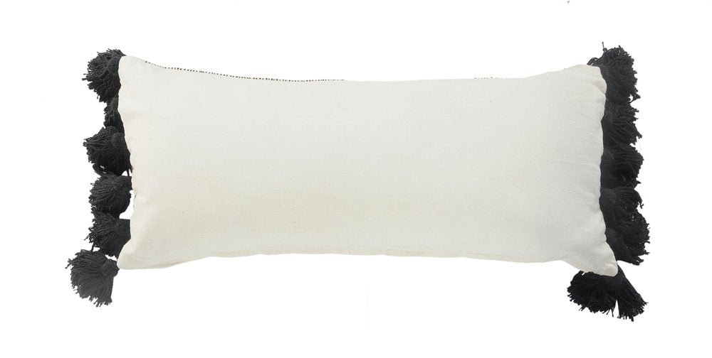 12" X 28" White And Black Lumbar Striped Cotton Throw Pillow Cover with Tassels
