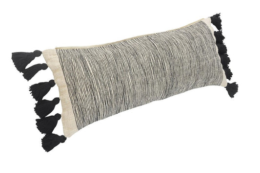 12" X 28" White And Black Lumbar Striped Cotton Throw Pillow Cover with Tassels