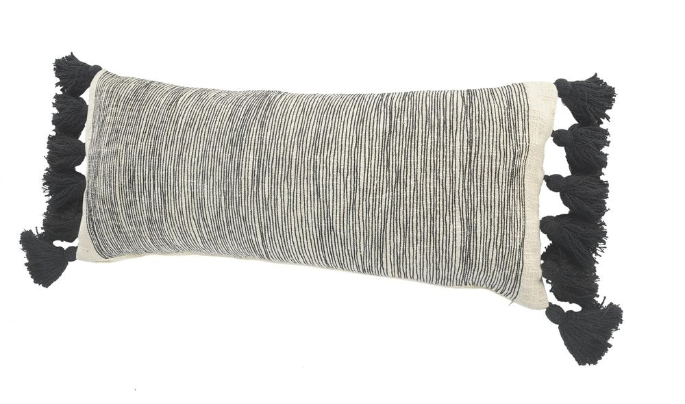 12" X 28" White And Black Lumbar Striped Cotton Throw Pillow Cover with Tassels