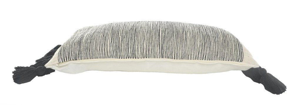 12" X 28" White And Black Lumbar Striped Cotton Throw Pillow Cover with Tassels
